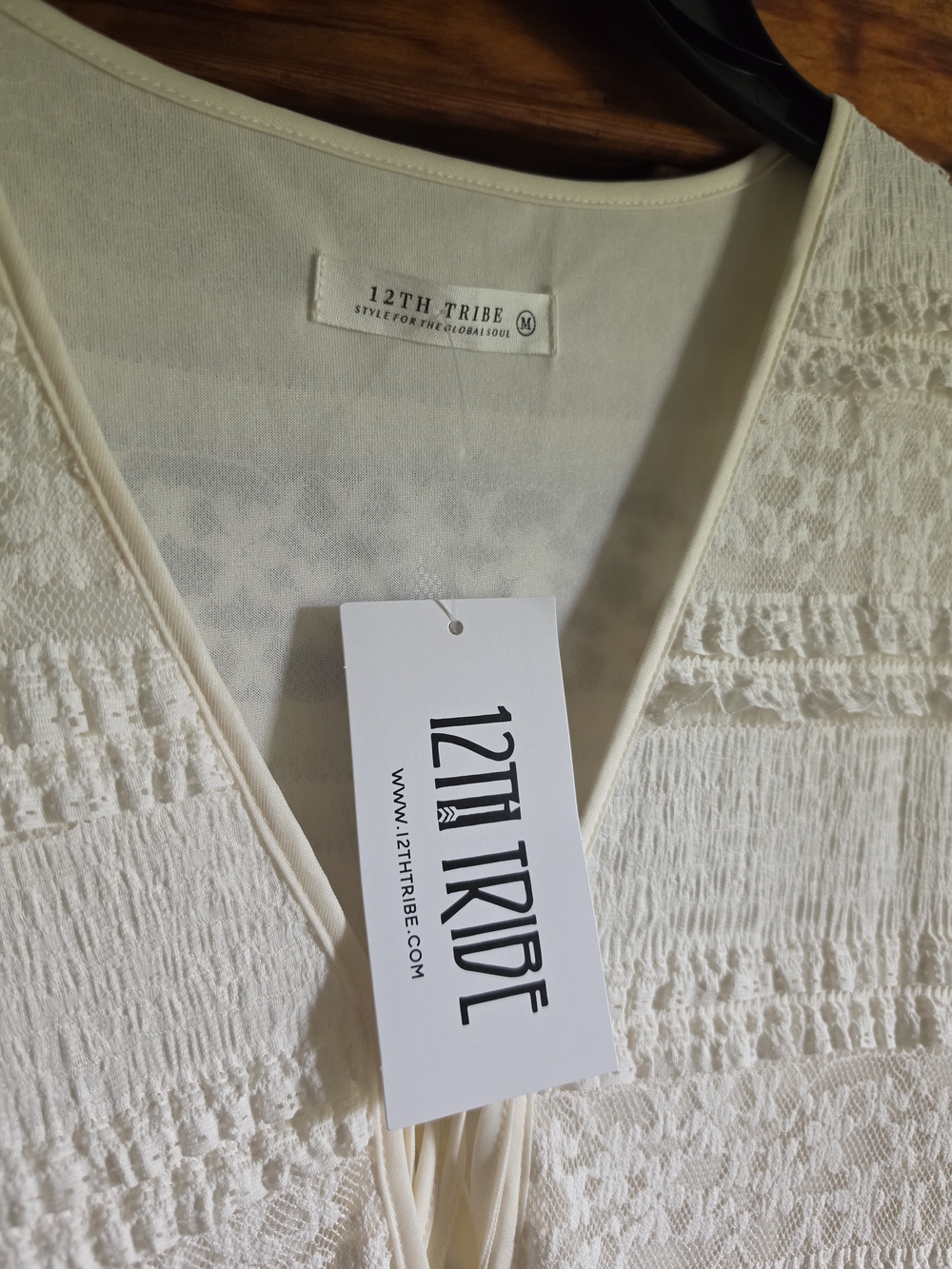 12th Tribe Cream Midi Dress with Textured Lace Panels - Picture 2 of 3